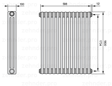 Схема (чертеж) Радиатор Zehnder Charleston 3180/13 №7610 Белый глянцевый RAL 9016